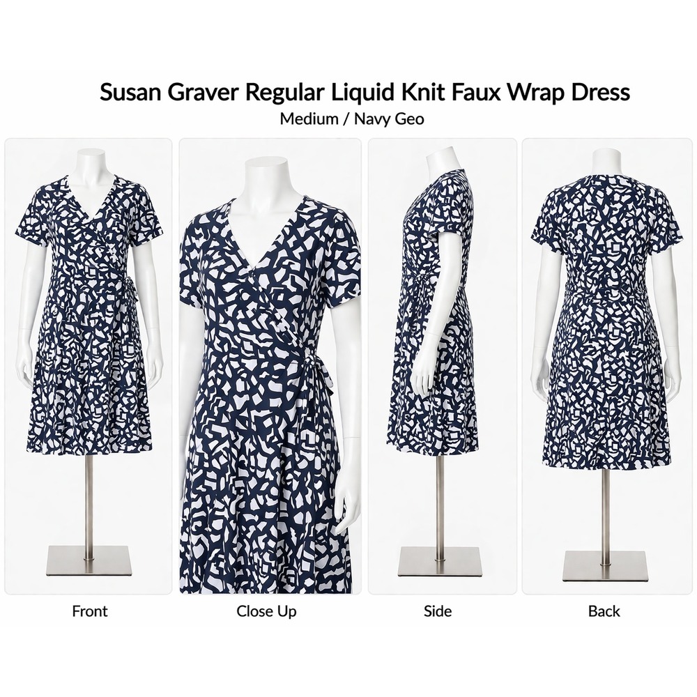 Susan Graver Women Liquid Knit Faux Wrap Midi‎ Dress Navy Geo Medium A669786 NEW